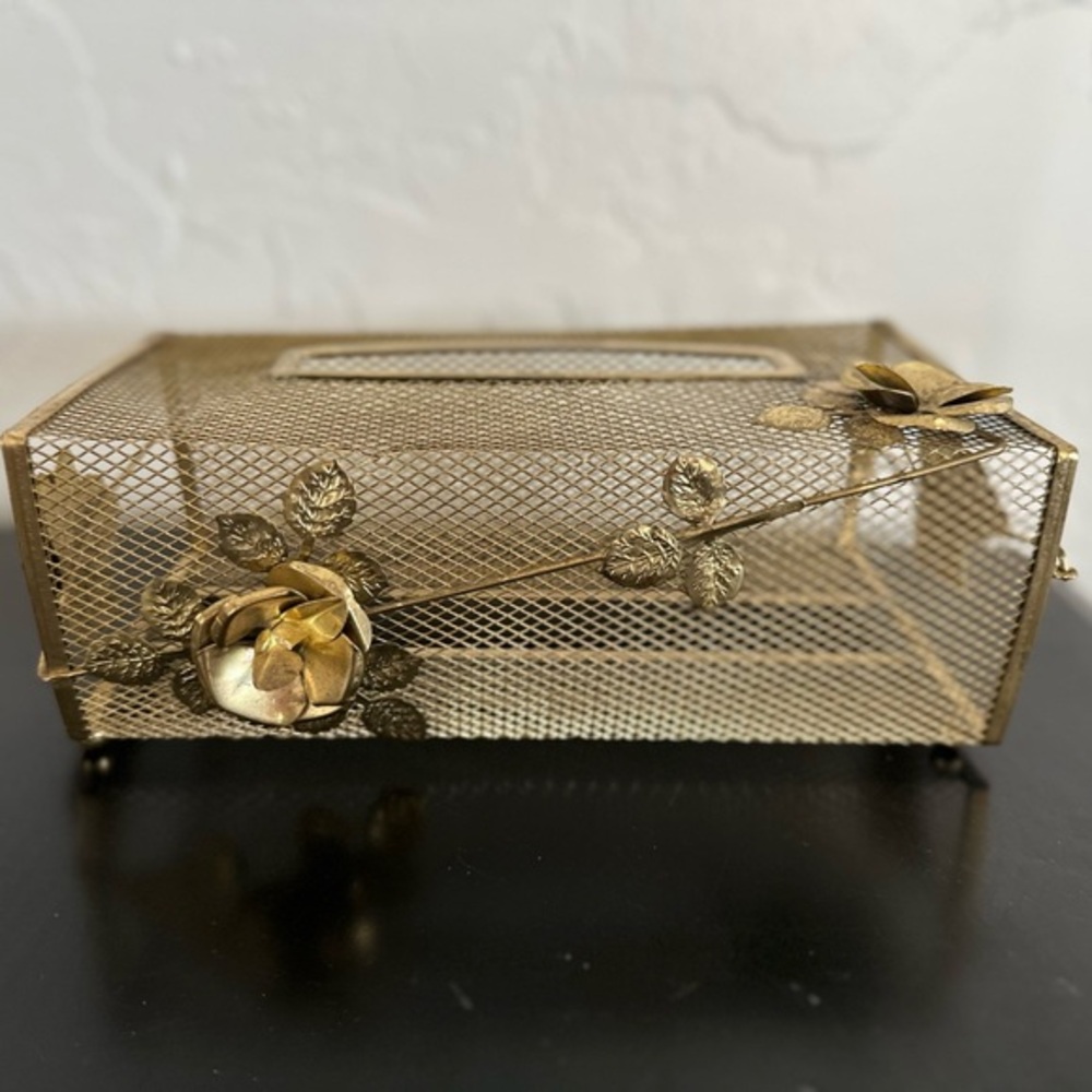 Vintage MCM Brass Tissue‎ Box Cover Wire Flowers